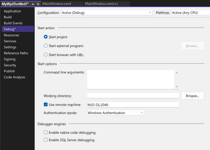Screenshot da guia Depurar nas configurações do Projeto do Visual Studio. A propriedade Usar computador remoto é definida como 'MJO-DL:4026'.