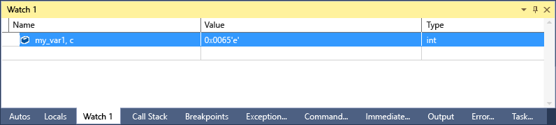 Captura de tela da janela de inspeção do Visual Studio com uma linha selecionada que mostra my_var1.c com um valor de 101 e 'e' e um tipo int.
