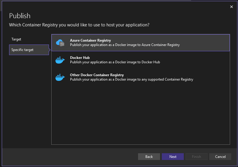 Captura de tela mostrando as opções Publicar no Registro de Contêiner do Docker.