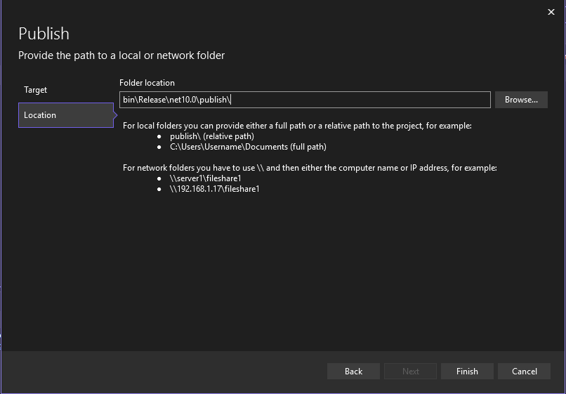 Captura de tela do assistente de Publicação para publicação em uma pasta.