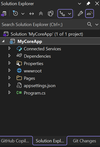 Captura de tela mostra o projeto MyCoreApp selecionado e seu conteúdo no Gerenciador de Soluções no Visual Studio.