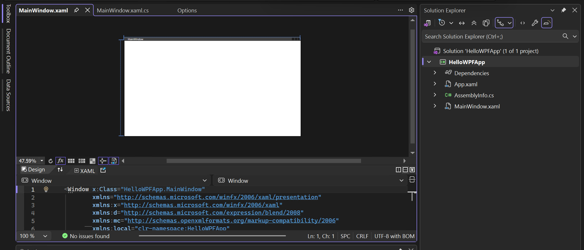 Captura de tela do projeto e da solução no Gerenciador de Soluções e as exibições XAML e designer de 'MainWindow.xaml' abertas.