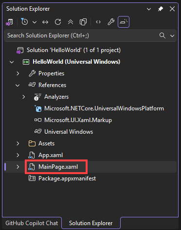 Captura de tela da janela Gerenciador de Soluções mostrando as propriedades, referências, ativos e arquivos no projeto HelloWorld. O arquivo MainPage.xaml está selecionado.