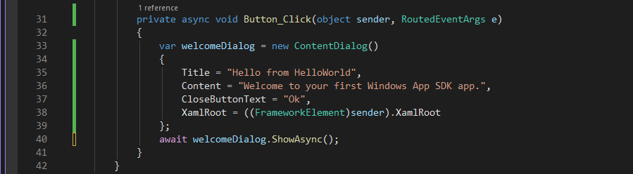 Captura de tela mostrando o código C# para o novo manipulador de eventos assíncrono myButton_Click.