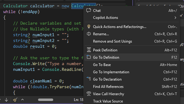 Captura de tela que mostra o item de menu Ir para Definição.
