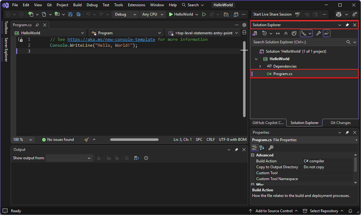 Screenshot que mostra o Visual Studio IDE com o código Program.cs no editor.