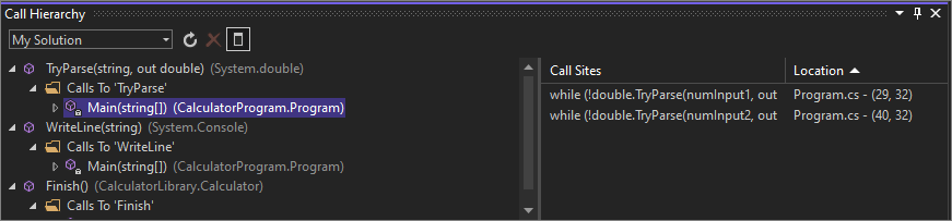 Captura de tela que mostra a janela Hierarquia de Chamadas no Visual Studio 2022.
