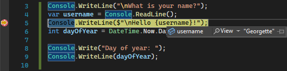 Captura de tela que mostra o valor de uma variável durante a depuração no Visual Studio 2022.