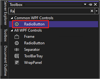 Screenshot mostrando a janela Caixa de Ferramentas no Visual Studio 2022 com o controle RadioButton selecionado na lista de Controles comuns de WPF.