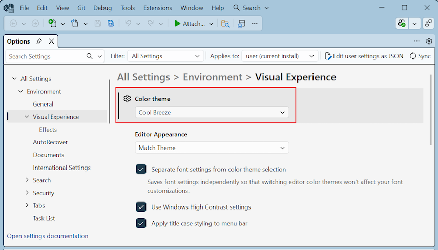 Screenshot que mostra a alteração do tema de cores para Cool Breeze em Visual Studio.
