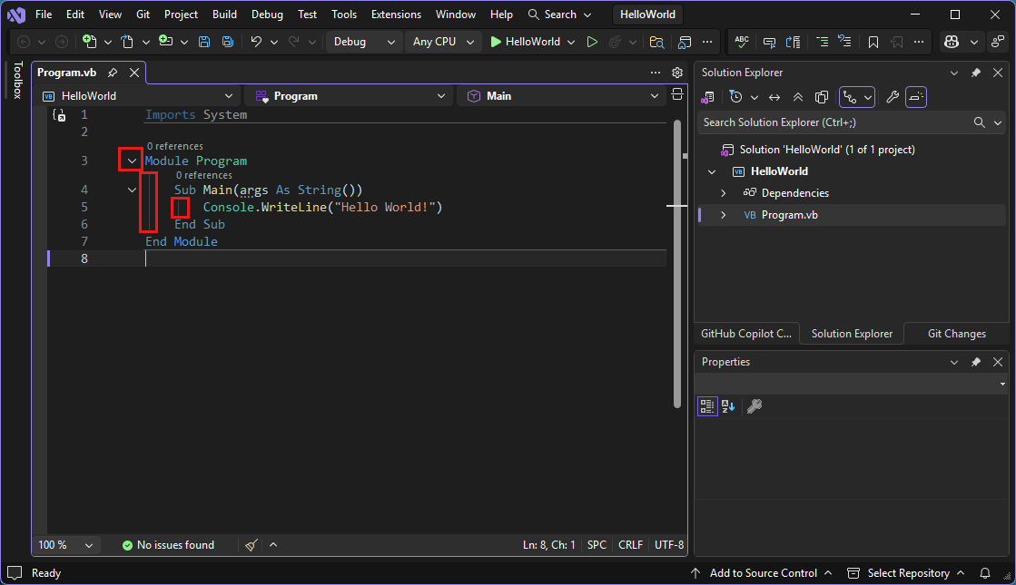 Screenshot que mostra o Visual Studio IDE com caixas vermelhas.