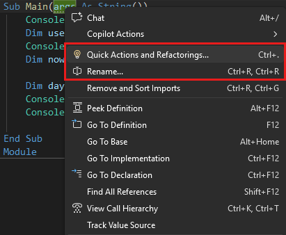 Captura de tela do menu Refatoração no Visual Studio.