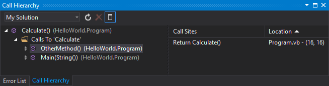Captura de tela que mostra a janela Hierarquia de Chamadas no Visual Studio 2022.