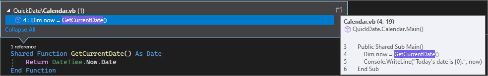 Screenshot que mostra o CodeLens no Visual Studio 2022.