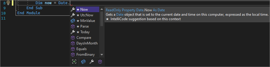 Screenshot de uma lista de membros do IntelliSense no Visual Studio 2022.