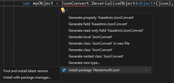 Ação Rápida para instalar o pacote NuGet no Visual Studio
