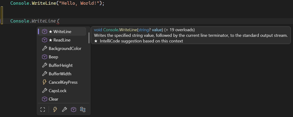 Captura de tela do recurso de membros de lista do IntelliSense.