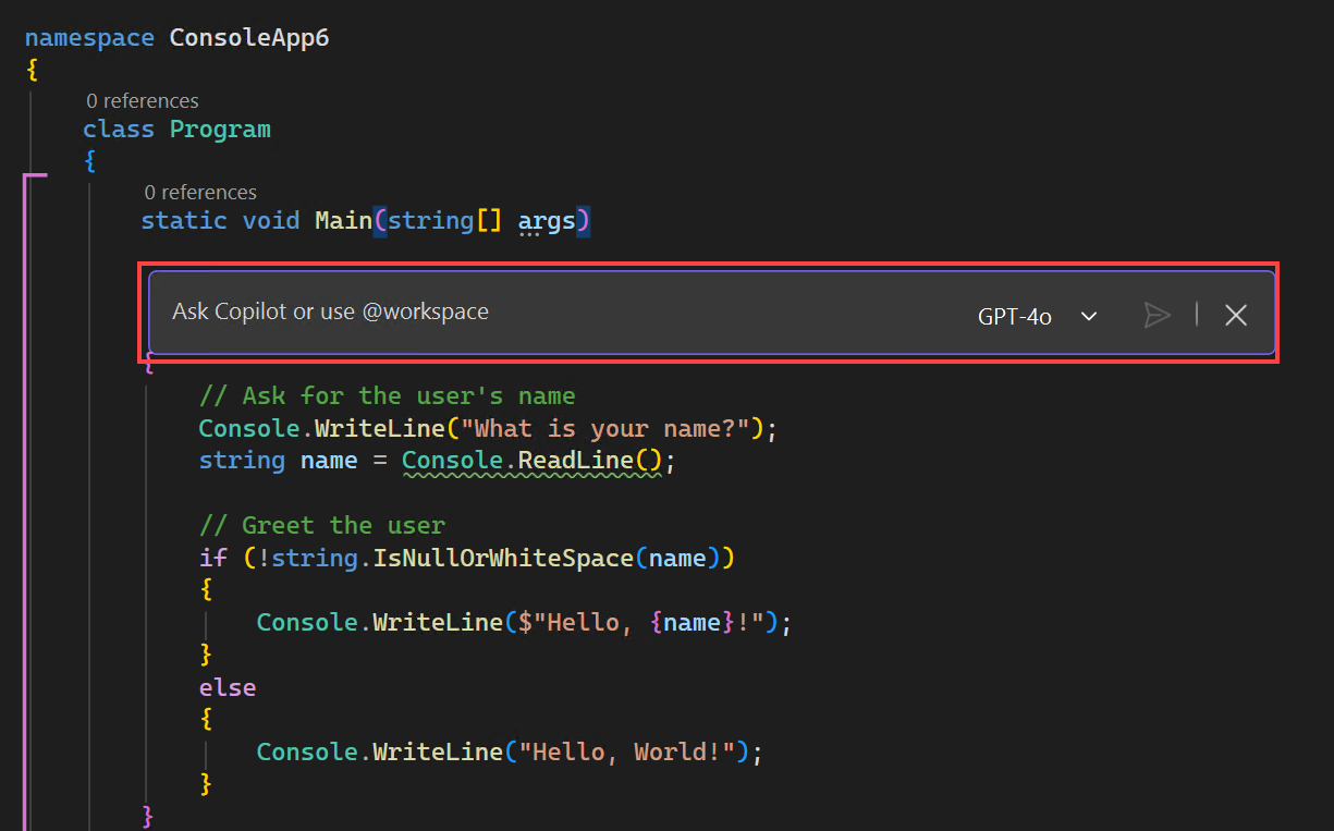 Captura de tela da interface de chat embutida na janela do editor.