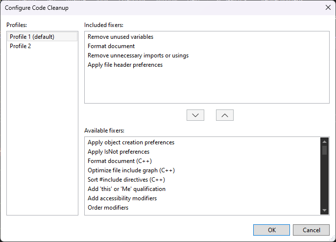 Captura de tela de Configurar limpeza de código.