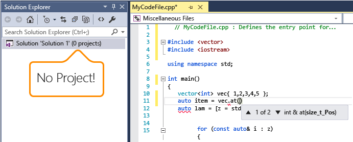 Intellisense de arquivo único do Visual C++