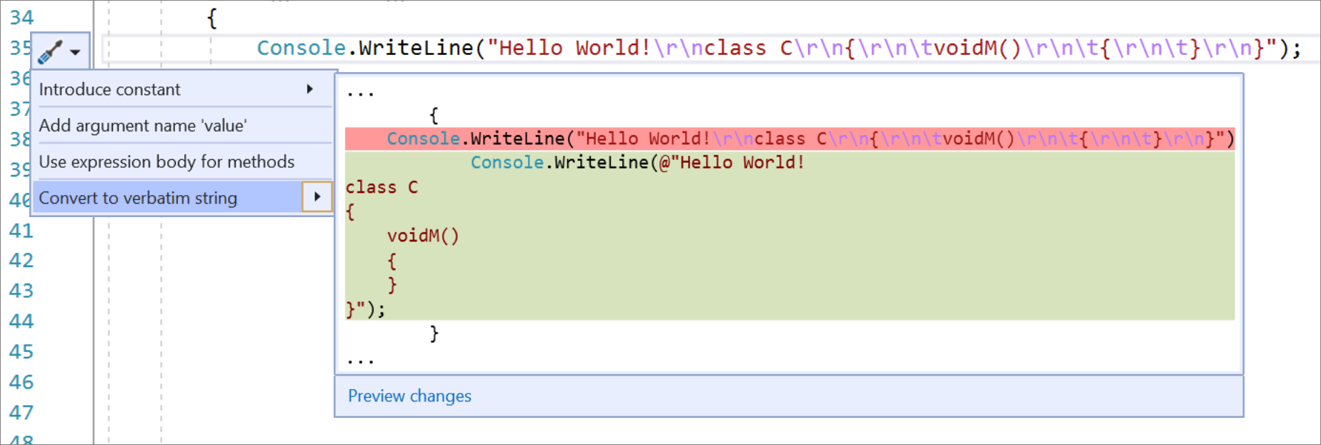 Captura de tela de Converter em cadeia de caracteres verbatim.