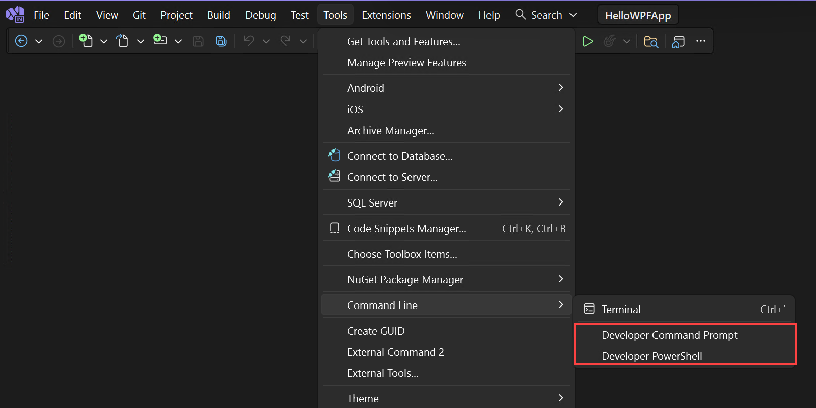 Captura de tela do menu Linha de Comando no Visual Studio.