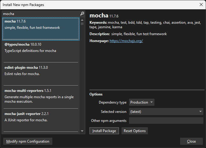 Captura de tela da instalação do novo pacote npm para esproj.