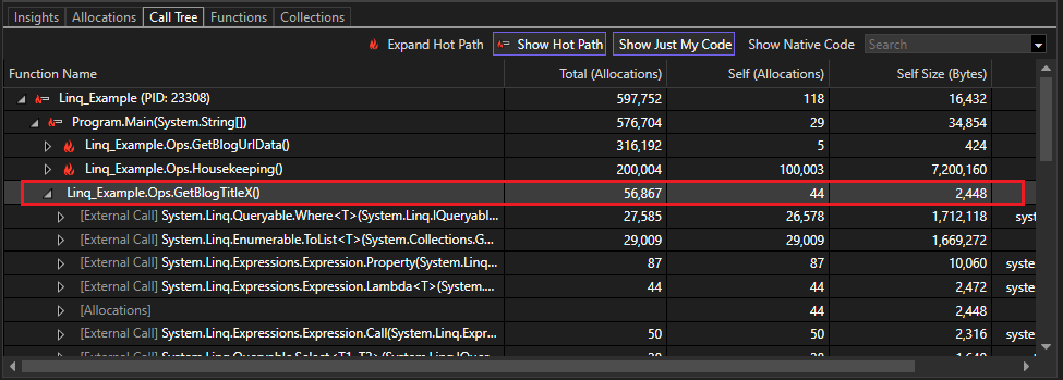 Captura de tela das alocações de memória reduzidas na ferramenta de Alocação de Objetos do .NET.