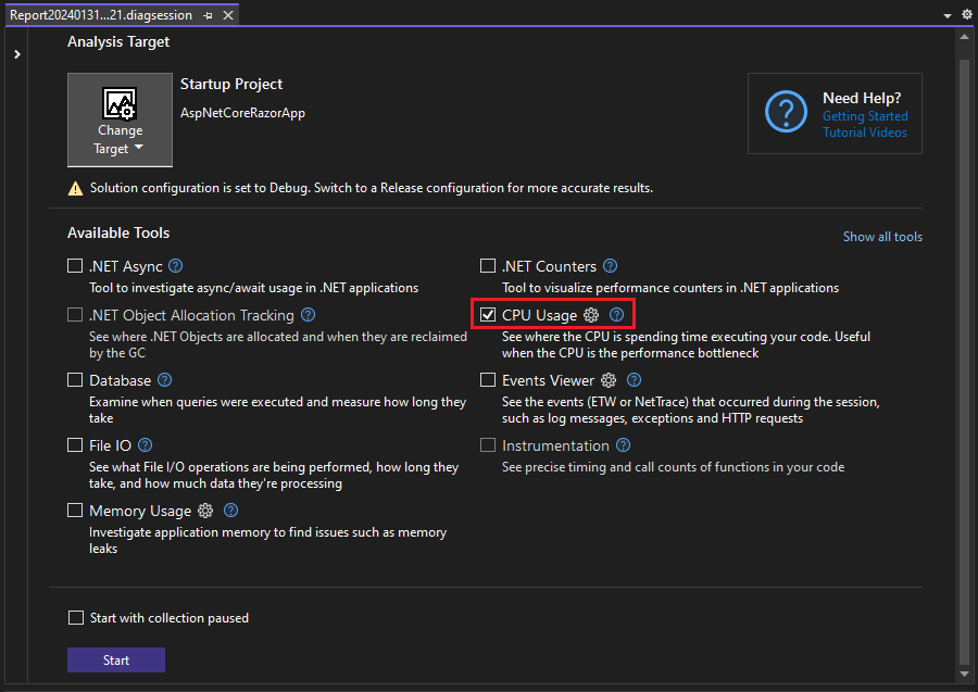 Captura de tela que mostra Selecionar Uso da CPU.