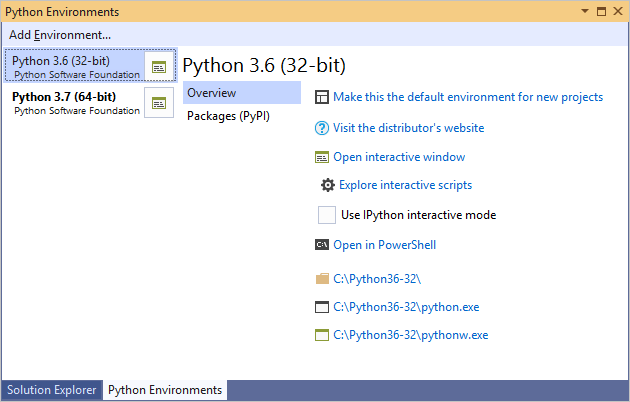 Exibição expandida da janela Ambientes do Python