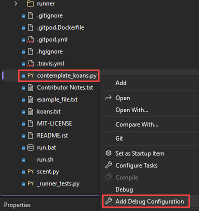 Screenshot que mostra como selecionar a opção Adicionar Configuração de Depuração para um arquivo selecionado em Visual Studio.