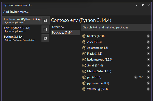 Captura de tela que mostra os pacotes atuais para o ambiente selecionado na janela Ambientes Python.