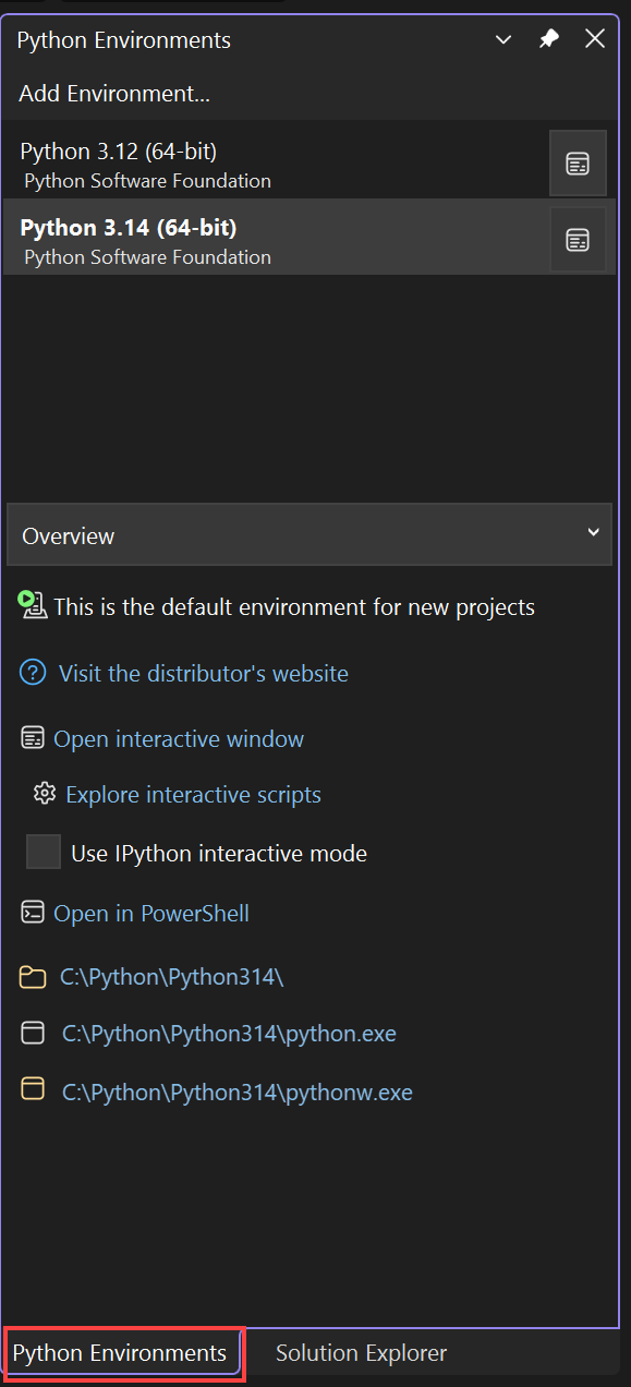 Captura de tela da janela Ambientes do Python.