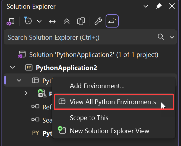 Captura de tela do comando Exibir Todos os Ambientes do Python no Gerenciador de Soluções.