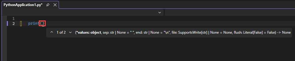Captura de tela que mostra as opções de preenchimento automático do IntelliSense para a função de impressão no editor do Visual Studio.