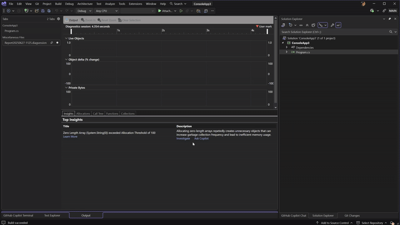 Demonstração em vídeo mostrando a Ferramenta de Alocação .NET com insights de matriz de comprimento zero e o Copilot fornecendo análises detalhadas e sugestões de otimização