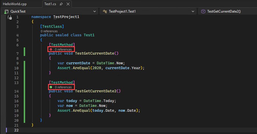 A captura de tela mostra os ícones do C++ CodeLens no Visual Studio.