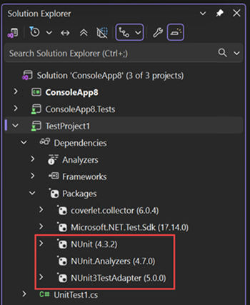 Captura de tela que exibe dependências do NUnit NuGet no Gerenciador de Soluções.