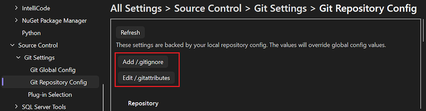 Captura de tela que mostra a seção para Adicionar o arquivo gitignore e Editar o arquivo gitattributes em seu repositório.