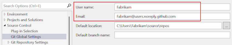 Captura de tela das opções de Configurações Globais do Git na caixa de diálogo Opções com o nome de usuário e o email realçados.