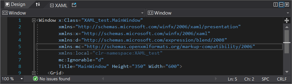 Captura de tela da janela do editor de código XAML no Visual Studio.