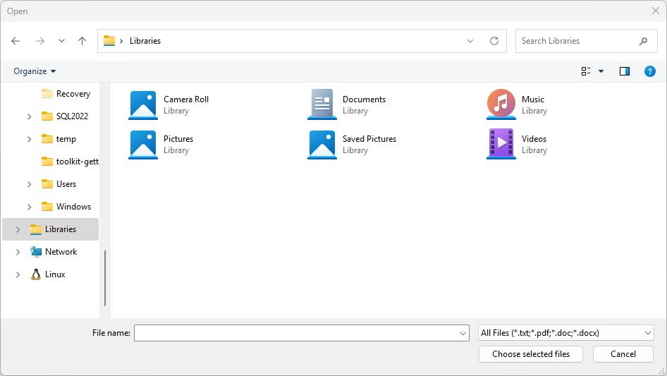 Captura de tela de um seletor de arquivo aberto com um filtro selecionado para mostrar arquivos .txt, .pdf, .doc e .docx.