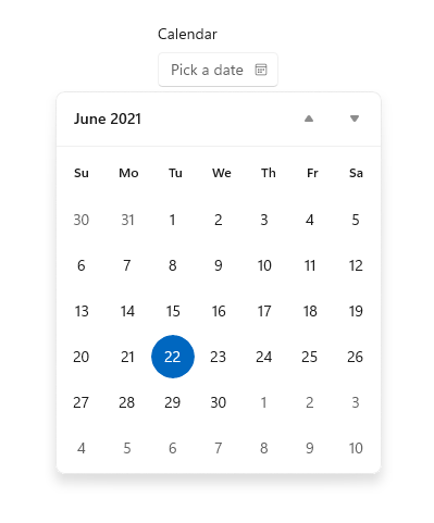 Captura de tela de um Seletor de Data do Calendário mostrando uma caixa de texto de data vazia e, em seguida, uma preenchida com um calendário abaixo dela.
