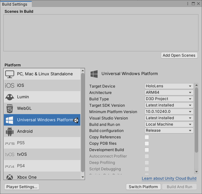 Captura de tela da janela Configurações de Build aberta no editor do Unity com a Plataforma Universal do Windows realçada.