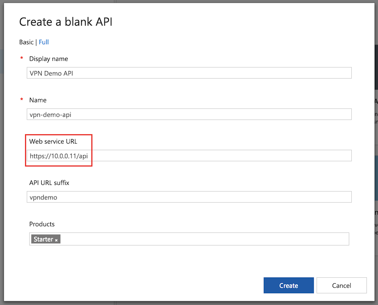 Captura de ecrã que mostra como adicionar API a partir da rede virtual no portal.
