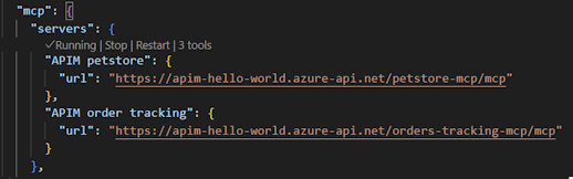Captura de ecrã dos servidores MCP configurados em Visual Studio Code.