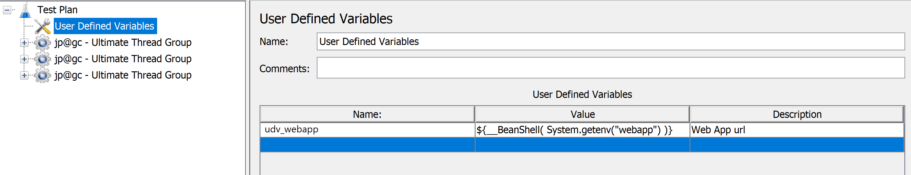 Captura de tela que mostra como adicionar variáveis definidas pelo usuário para variáveis de ambiente ao seu script JMeter.