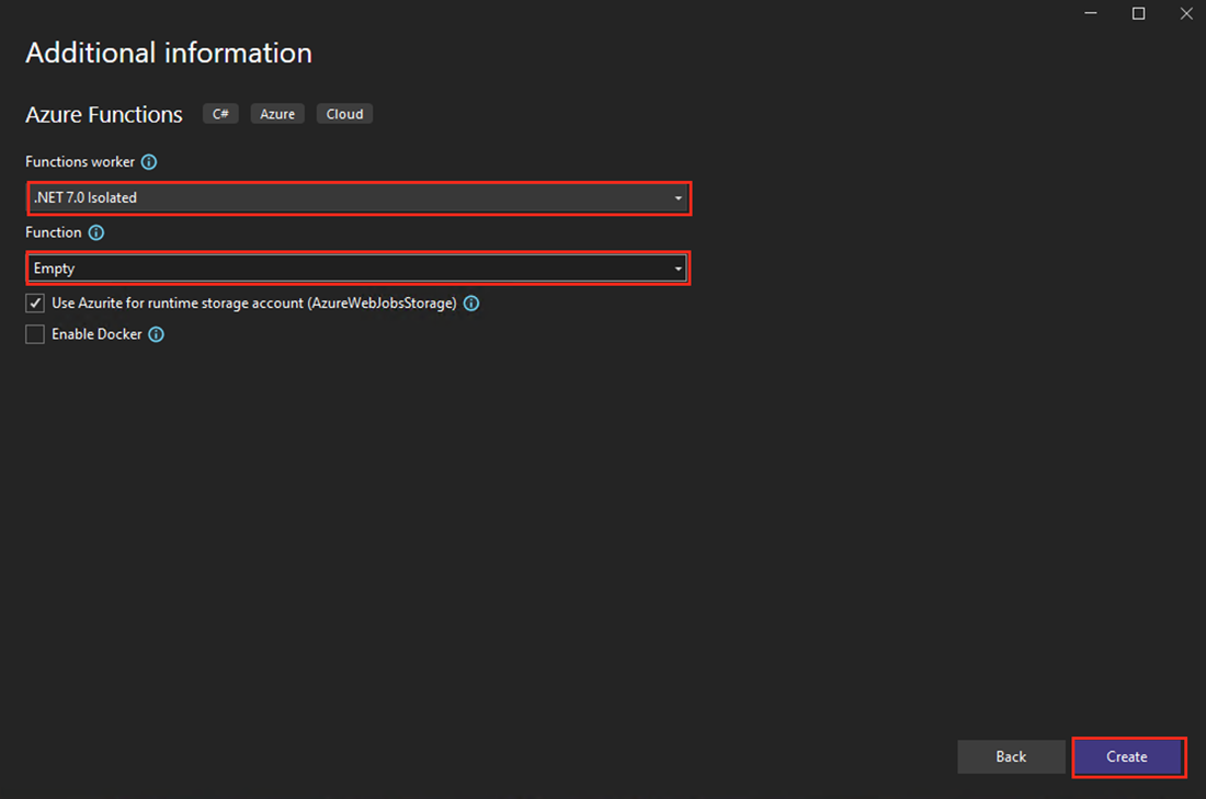 Captura de ecrã do diálogo Criar uma nova aplicação Azure Functions em Visual Studio.