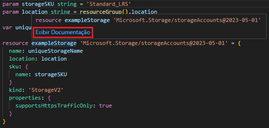 Captura de tela da opção Exibir documentação no Visual Studio Code.