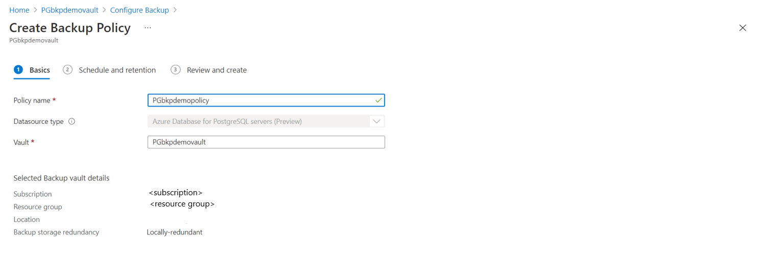 Captura de tela que mostra a caixa do nome de uma política no painel para criar uma política de backup.